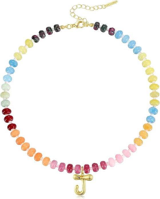 KissYan Initial Necklaces for Women, Colorful Beaded Gemstone Choker 14K Gold Bubble Letter Penda... | Amazon (US)