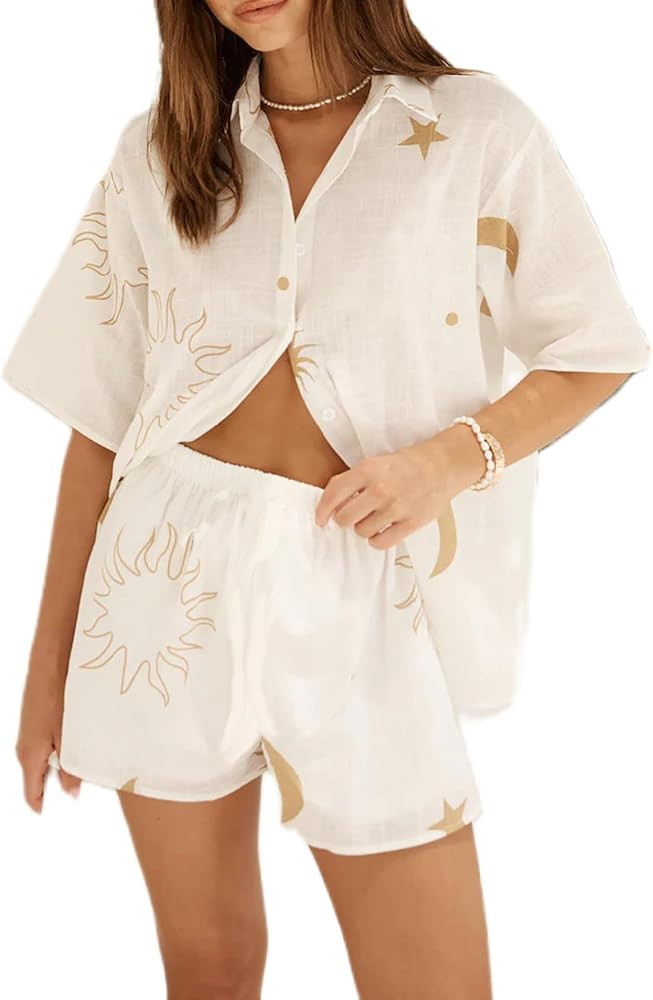 Women Y2K Graphic 2 Piece Outfit Short Sleeve Button Down Shirt Printed Lounge Shorts Sets Summer... | Amazon (US)