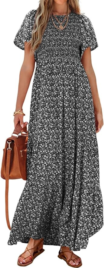 PRETTYGARDEN Boho Floral Maxi Dress, Smocked Tiered Long Dresses | Amazon (US)