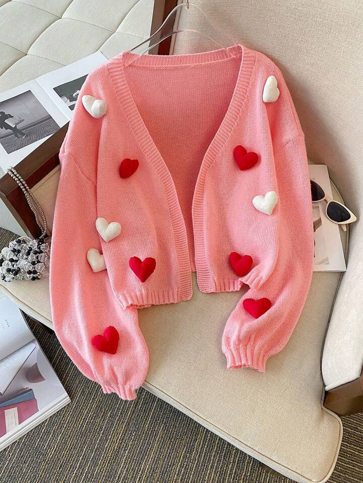 SHEIN Qutie Women's Plus Size 3d Heart Detail Drop Shoulder Cardigan Sweater | SHEIN