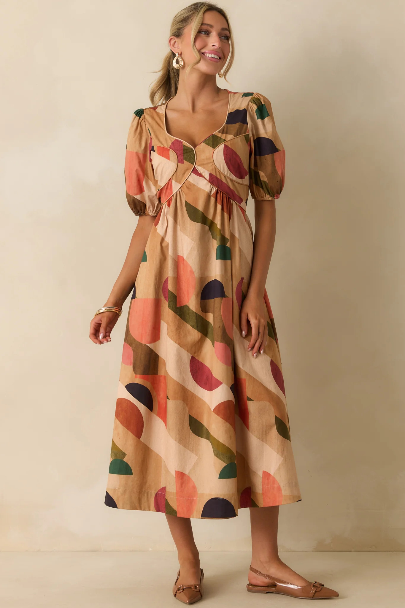 Through The Grapevine Tan Multi Abstract Print Midi Dress | Red Dress