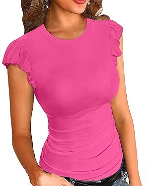 VICHYIE Summer Womens Shirt Short Ruffle Sleeve V Neck/Round Neck Ribbed Casual Tshirt Fitted Top... | Amazon (US)