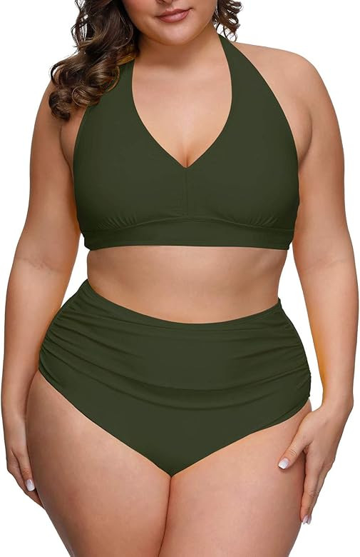 Pink Queen Women's 2 Piece Plus Size High Waisted Swimwear Swimsuits Ruched Tummy Control Bikini ... | Amazon (US)