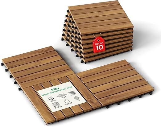 Idzo Interlocking Deck Tiles 9.6 SQFT - 10PCS Waterproof Acacia Wood Tiles, Flooring Tiles for In... | Amazon (US)