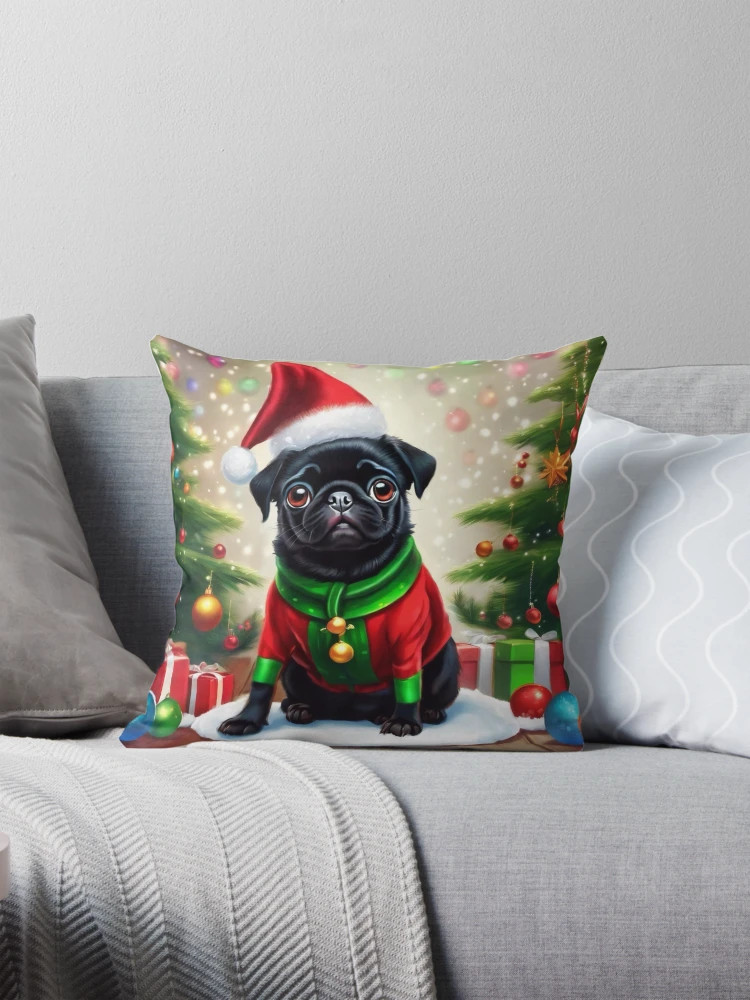 Christmas Black Pug Pillow | Redbubble (US)