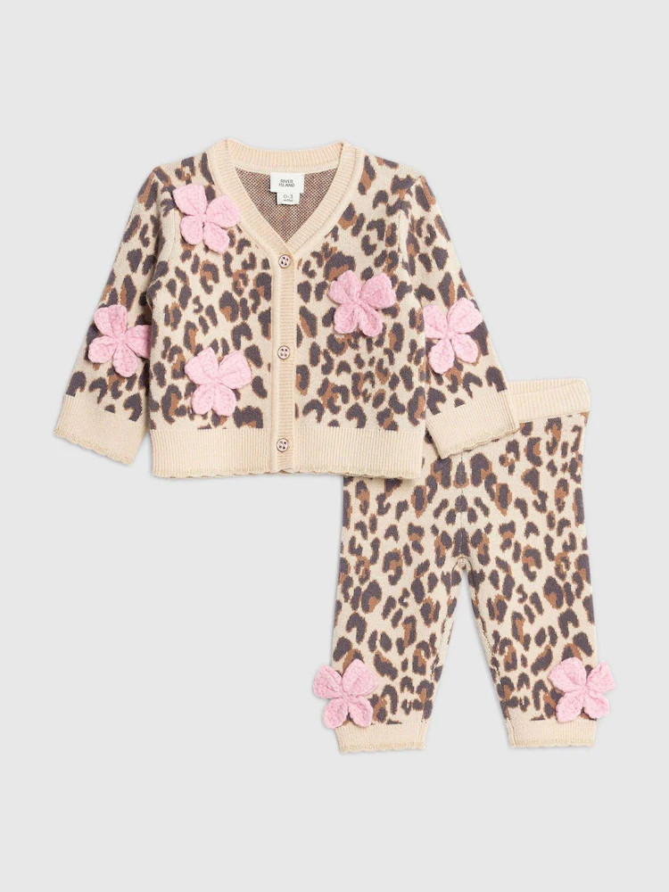 River Island Brown Leopard Bow Cardigan and Leggings Set | Next US