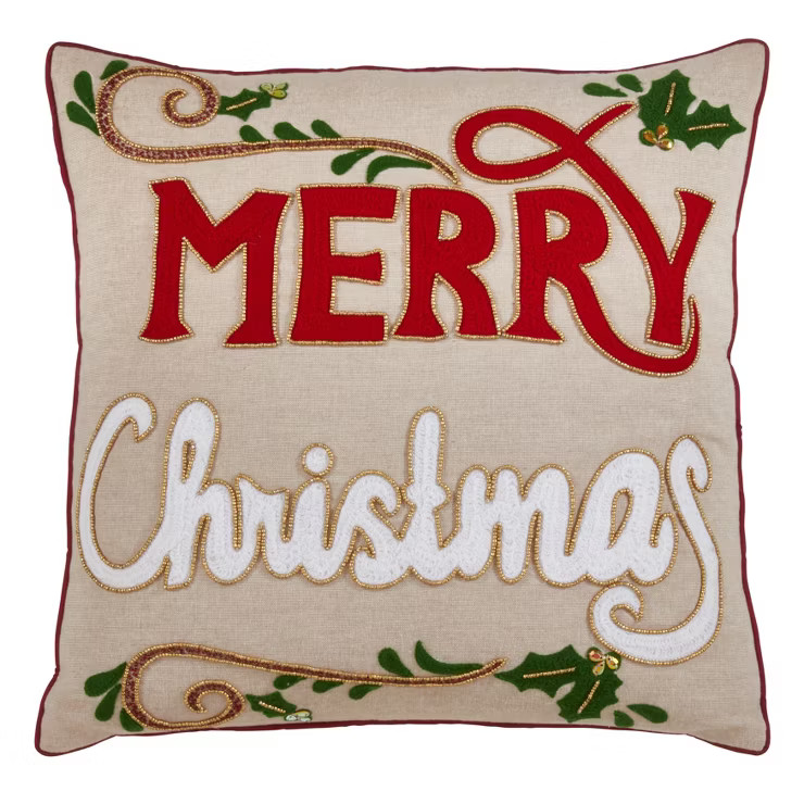 Saro Lifestyle Merry Christmas Pillow - Down Filled, 18" Square, Natural | Target
