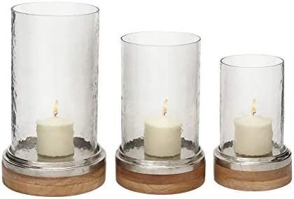 Deco 79 Wood Pillar Hurricane Lamp, Set of 3 13, 11, 9"H, Brown | Amazon (US)