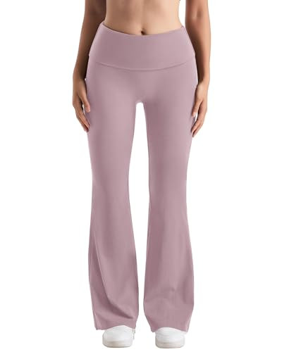 MOOSLOVER Women Flare Leggings Fold Over Bootcut Yoga Pants Casual Y2K Lounge Pants Comfy Cotton Leggings(XL,Lotus Pink) | Amazon (US)