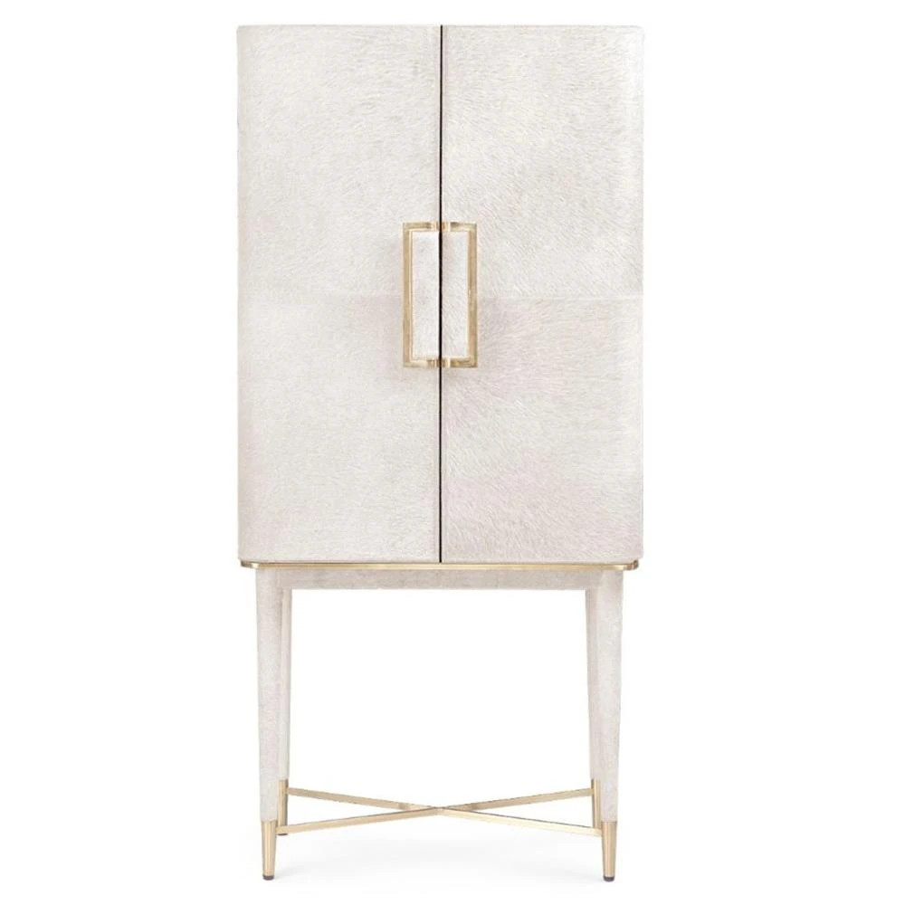 Florian Mid Century Off White Hair On Hide Brass Accent Bar Cabinet | Kathy Kuo Home