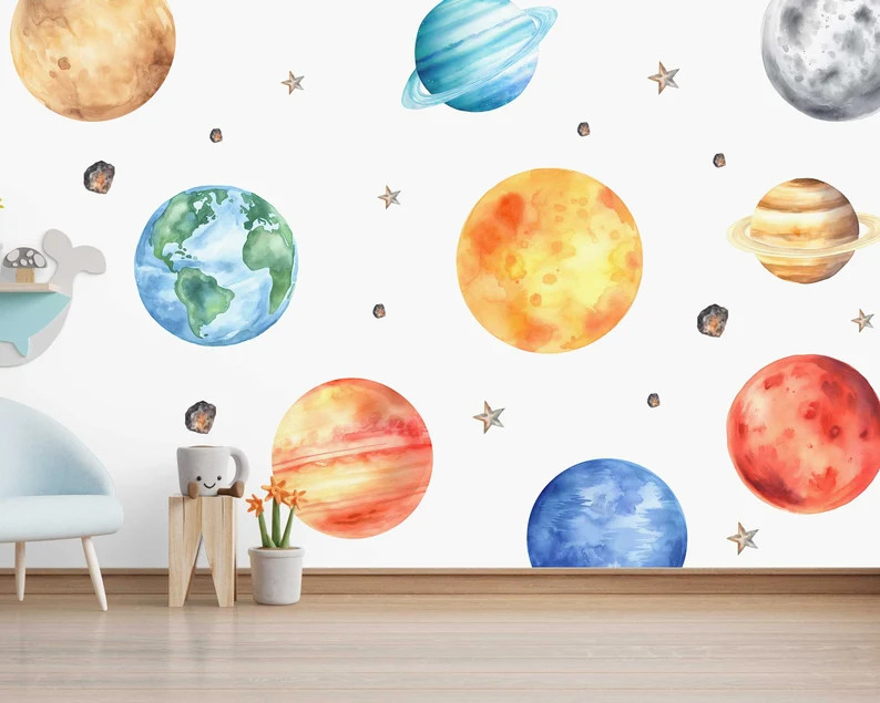 Watercolor Space Wall Stickers Nursery Decor - Astronauts, Planets and Spaceship Wall Art for Kid... | Etsy (US)