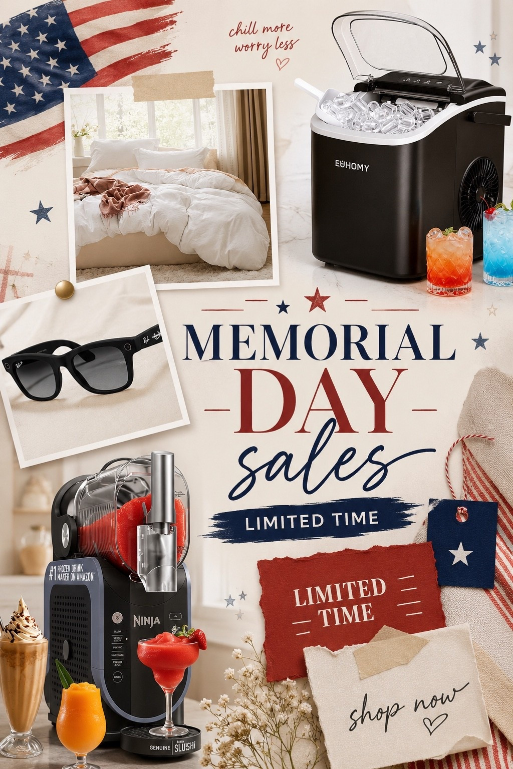 memorial day finds that make home + summer feel a little better 🇺🇸✨

from iced drinks at home to cozy bedroom upgrades + everyday essentials I actually use ☁️🧊

limited time deals are too good right now 🤍
linked in my LTK + Amazon storefront

#MemorialDaySales #AmazonFinds #AmazonHome #SummerFinds #HomeEssentials #CozyHome #AmazonDeals #MemorialDayWeekend #SummerAesthetic #RayBanMeta #NinjaSlushi #IceMaker #AmazonFavorites #LifestyleCreator #FoundItOnAmazon #AestheticHome #DealAlert #TikTokMadeMeBuyIt #LTKCreator

#LTKHome #LTKdayinmylife #LTKSaleAlert