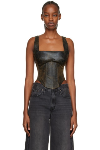 MISBHV - Brown Cracked Faux-Leather Corset Camisole | SSENSE