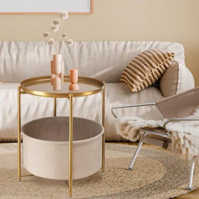 This Round, Gold-Colored Metal Side Table Is A Compact Bedside Table With A Removable Tray Tabletop And Fabric Storage Basket, Suitable For Various Oc | Wayfair North America