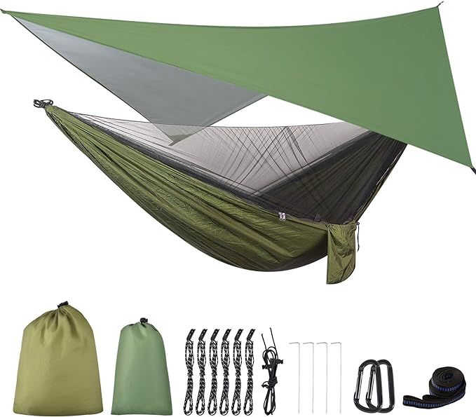 FIRINER Camping Hammock with Mosquito Net Rain Fly Heavy Duty Tree Strap Nylon Parachute Single D... | Amazon (US)