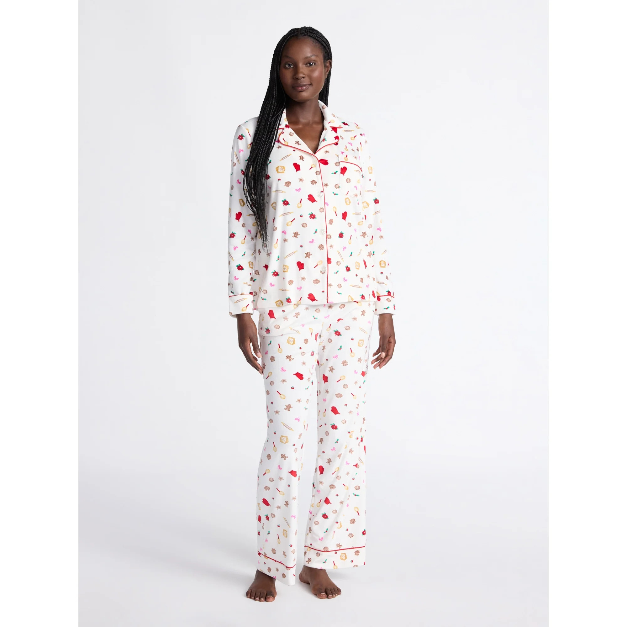 Joyspun Women’s Stretch Velour Notch Collar Long Sleeve Pajama Set, Sizes XS to 4X | Walmart (US)
