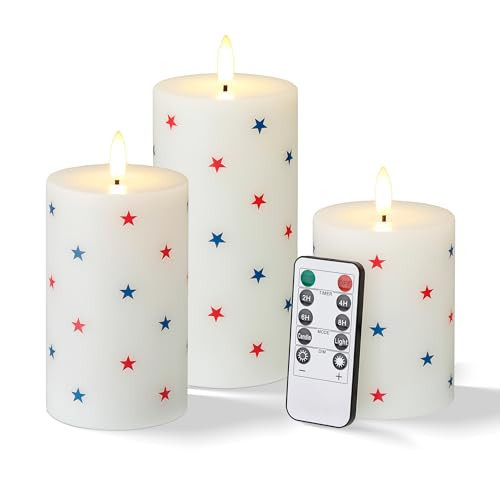 Velsyn Flameless LED Candles, 3 Patriotic Americana Pillar Candles, Timer, Remote Ready, Stars Design for July 4th Memorial Day | Amazon (US)