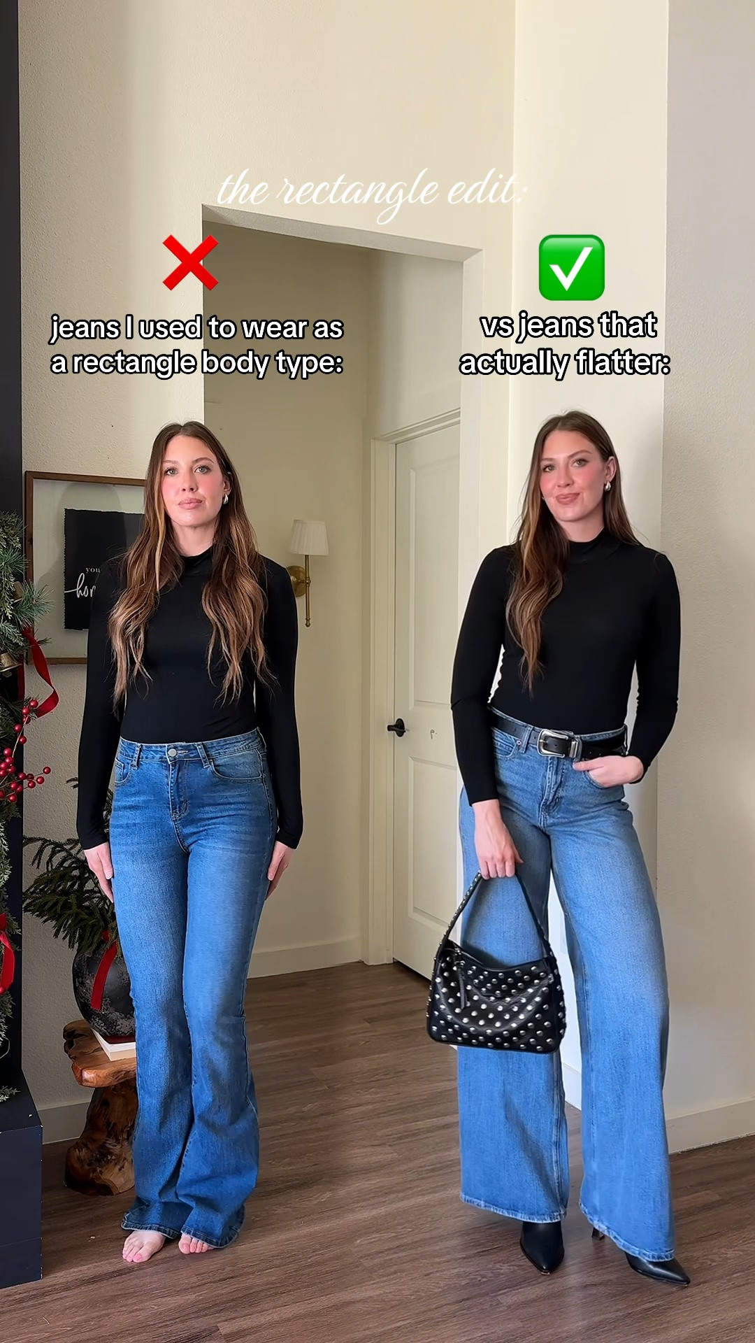 If you’re a rectangle body type, you NEED these jeans - just look at that before and after! They balance out the top heaviness & give instant cruces! MUST HAVE flattering jeans under $50! These ALWAYS sell out! Snag them while you can♥️ I’m 510 wearing a 4 tall