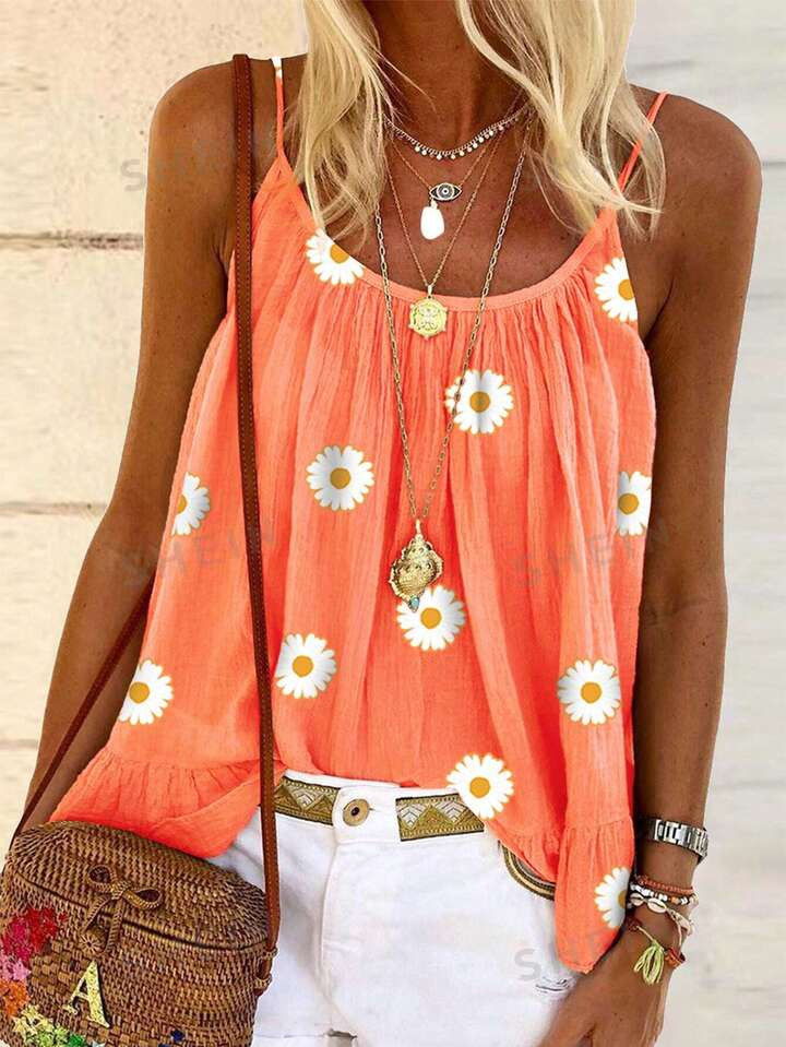 SHEIN VCAY Women's Floral Printed Spaghetti Strap Cami Top, Suitable For Summer | SHEIN