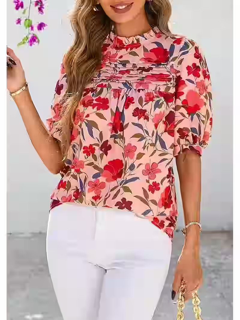 PRETTYGARDEN Floral Tops for Women Blouses Dressy Casual Summer Trendy Outfits Boho Pleated Short... | Walmart (US)