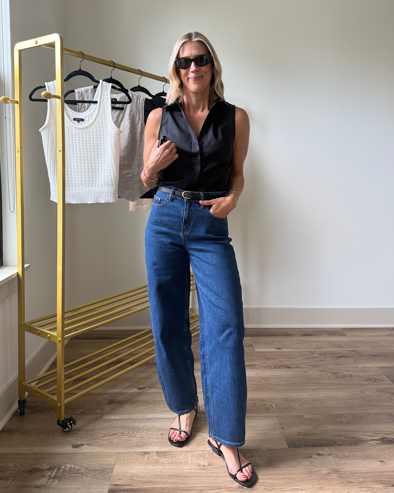 Wearing XS sleeveless shirt, 26 jeans 

@Quince #quincepartner

#LTKootd #LTKSeasonal #LTKOver40
