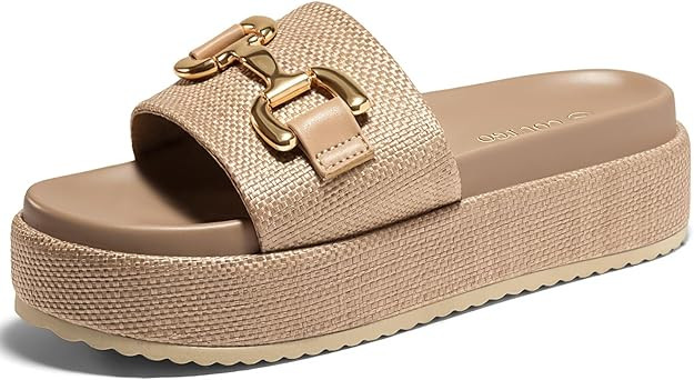 Coutgo Womens Platform Sandals Raffia Espadrilles Metal Chain Slip on Open Toe Cute Beach Slide S... | Amazon (US)