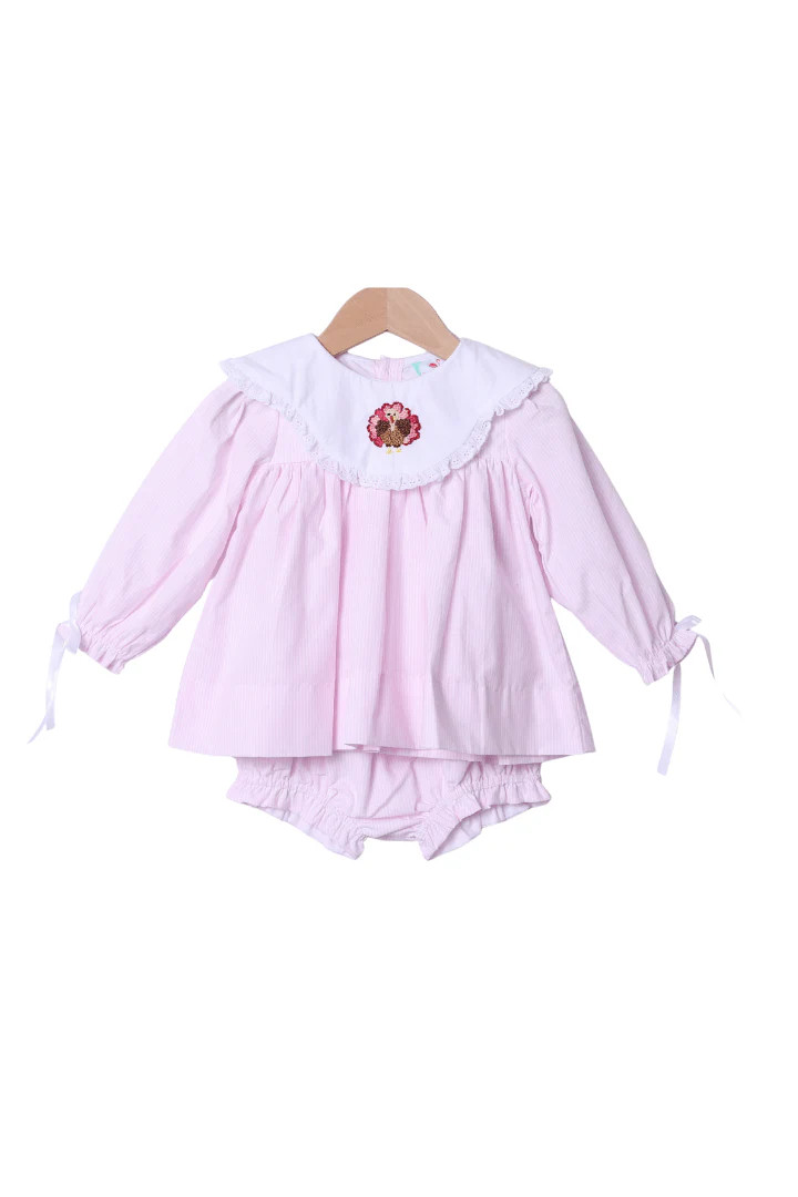 French Knot Turkey Pink Stripe Bloomer Set | The Smocked Flamingo