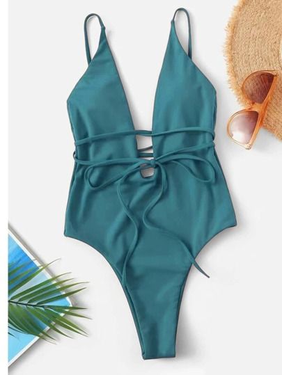 Solid Lace Up Plunging One Piece Swimsuit | SHEIN
