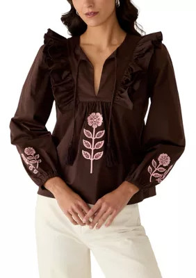Women's 3/4 Sleeve Embroidered Tassel Peasant Top | Belk