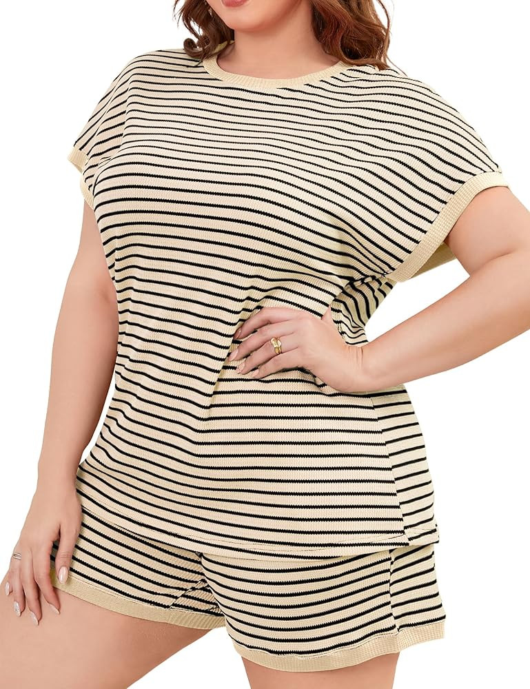 FOREYOND Plus Size 2 Piece Sets for Women Summer Stripe Knit Pajamas Short Sleeve Lounge Sets Cas... | Amazon (US)