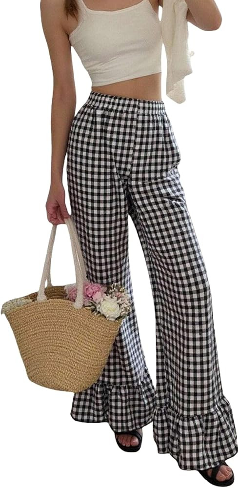 Women's Plaid Ruffle Hem Pants Drawstring Mid Waist Straight Leg Wide Leg Loose Slacks Casual Tro... | Amazon (US)