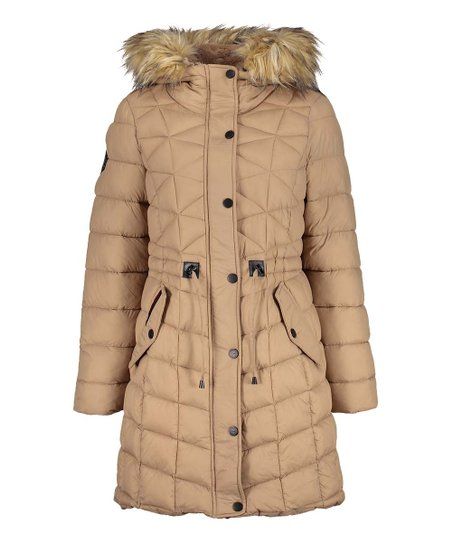 Toffee & Beige Faux Fur Hooded Quilted Puffer Coat - Women & Plus | Zulily
