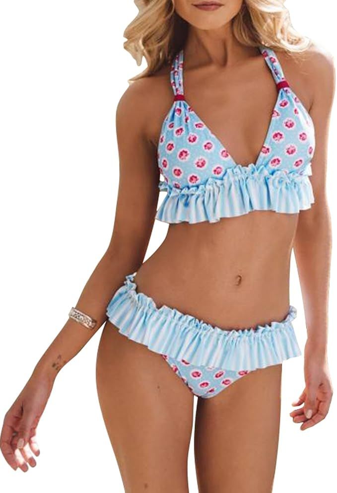 Women's Bikini Swimsuits Ruffle Floral Two Piece Bathing Suits Printed Halter Neck Swimwear Beach... | Amazon (US)