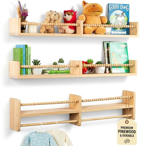Stelzriede Floating Book Shelves for Nursery – Nursery Shelves for Wall with Hanging Rod – Set of 3 Wooden Wall-Mounted Shelves, Rounded Edges, Bookshelf for Kids Room Decor, 31.5" x 3.9" x 3.7 | Amazon (US)