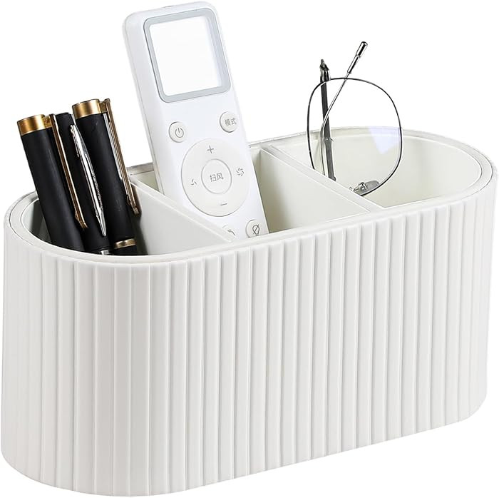 Oval Pen Holder for Desk, Remote Control Holder with 3 Compartments, PU Leather Small Desk Organi... | Amazon (US)