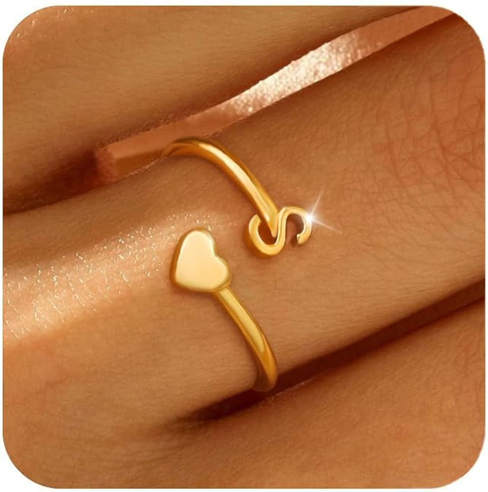 Honsny Gold Initial Rings for Women Non Tarnish 18K Gold Plated Heart Initial Stackable Rings Adj... | Amazon (US)