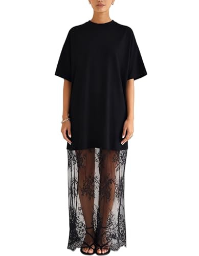 NUFIWI Women Short Sleeve Shirt Dress Crewneck Oversized Lace Maxi Dress Embroidered Lace Patchwo... | Amazon (US)