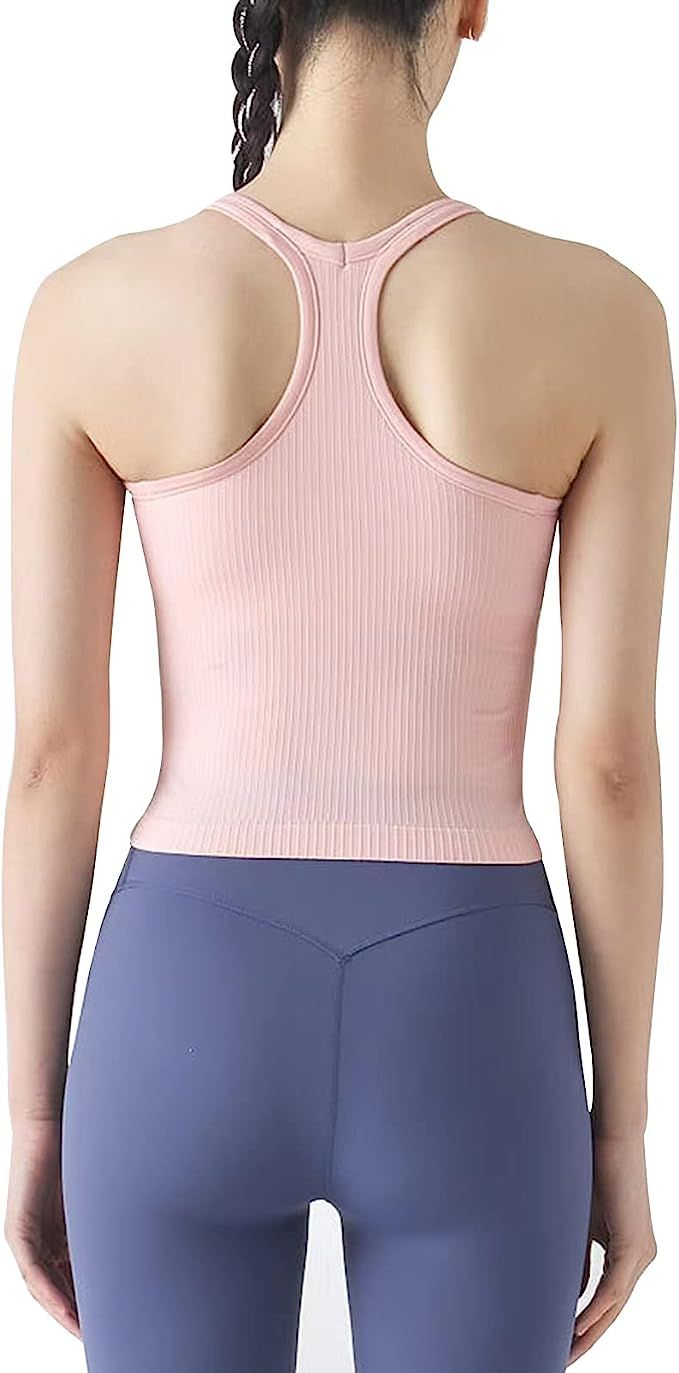 Ribbed Workout Short Racerback Tank Tops for Women with Built in Bra | Amazon (US)