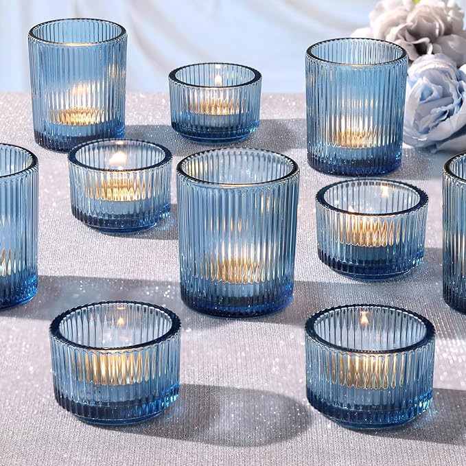 20pcs Ribbed Blue Votive Candle Holders, Assorted Tea Lights Candle Holder, Blue Glass Candle Hol... | Amazon (US)