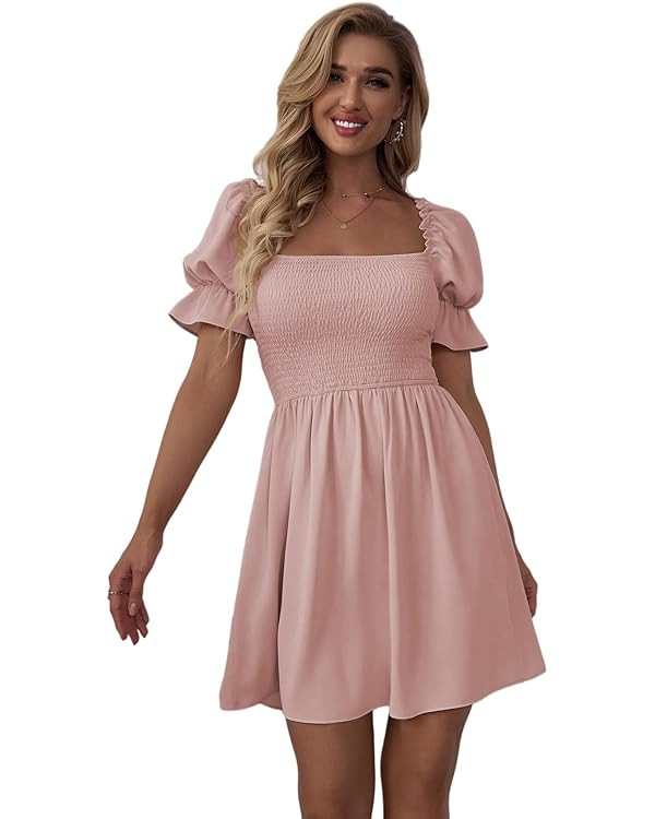 WDIRARA Women's Square Neck Flounce Short Sleeve Shirred Ruffle Hem Dress | Amazon (US)