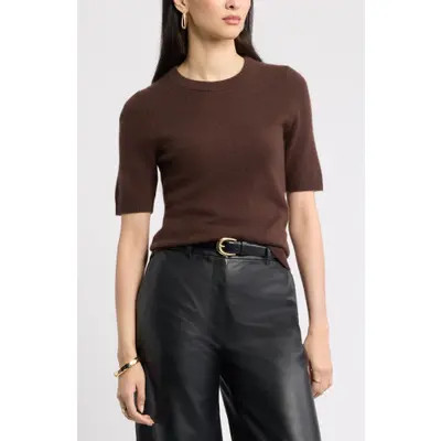 Nordstrom Cashmere Short Sleeve Crewneck Sweater in Olive Woodland at Nordstrom, Size Small | Nordstrom