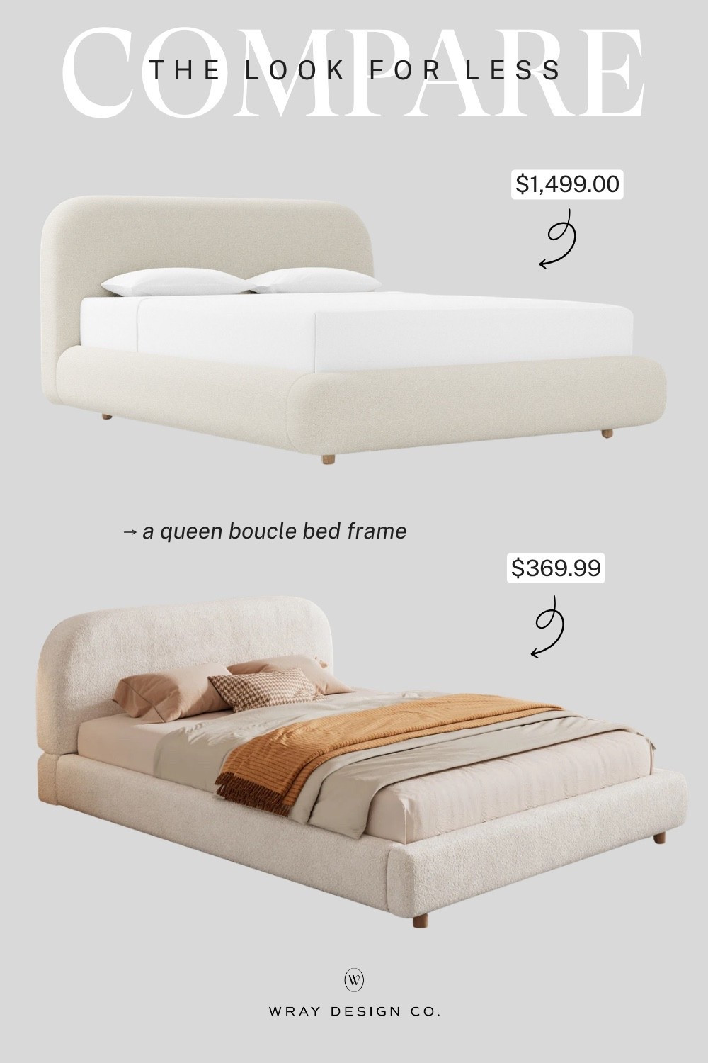 A boucle bed frame is this week’s look for less! A curved shaped headboard with a low profile silhouette. Will you splurge or are you buying the dupe? Let me know in the comments!

#LTKHome