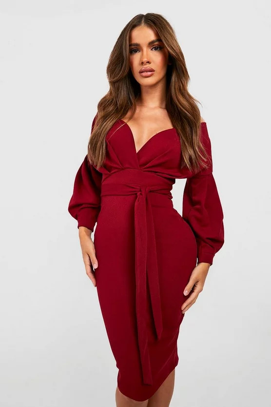 Off the Shoulder Wrap Midi Dress | Boohoo.com (US & CA)
