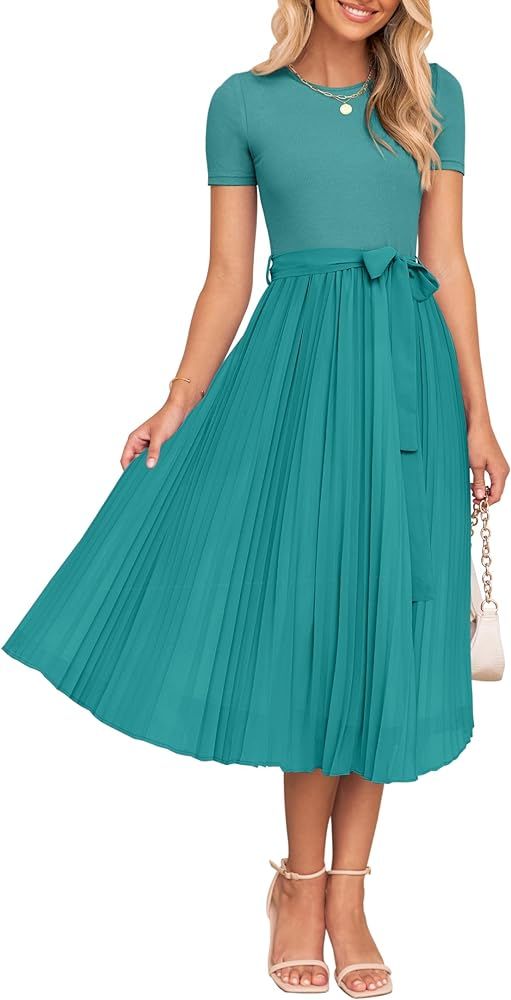 ZESICA Womens Spring Casual Short Sleeve Midi Dresses 2024 Summer Crew Neck Ribbed Knit Belted Pl... | Amazon (US)