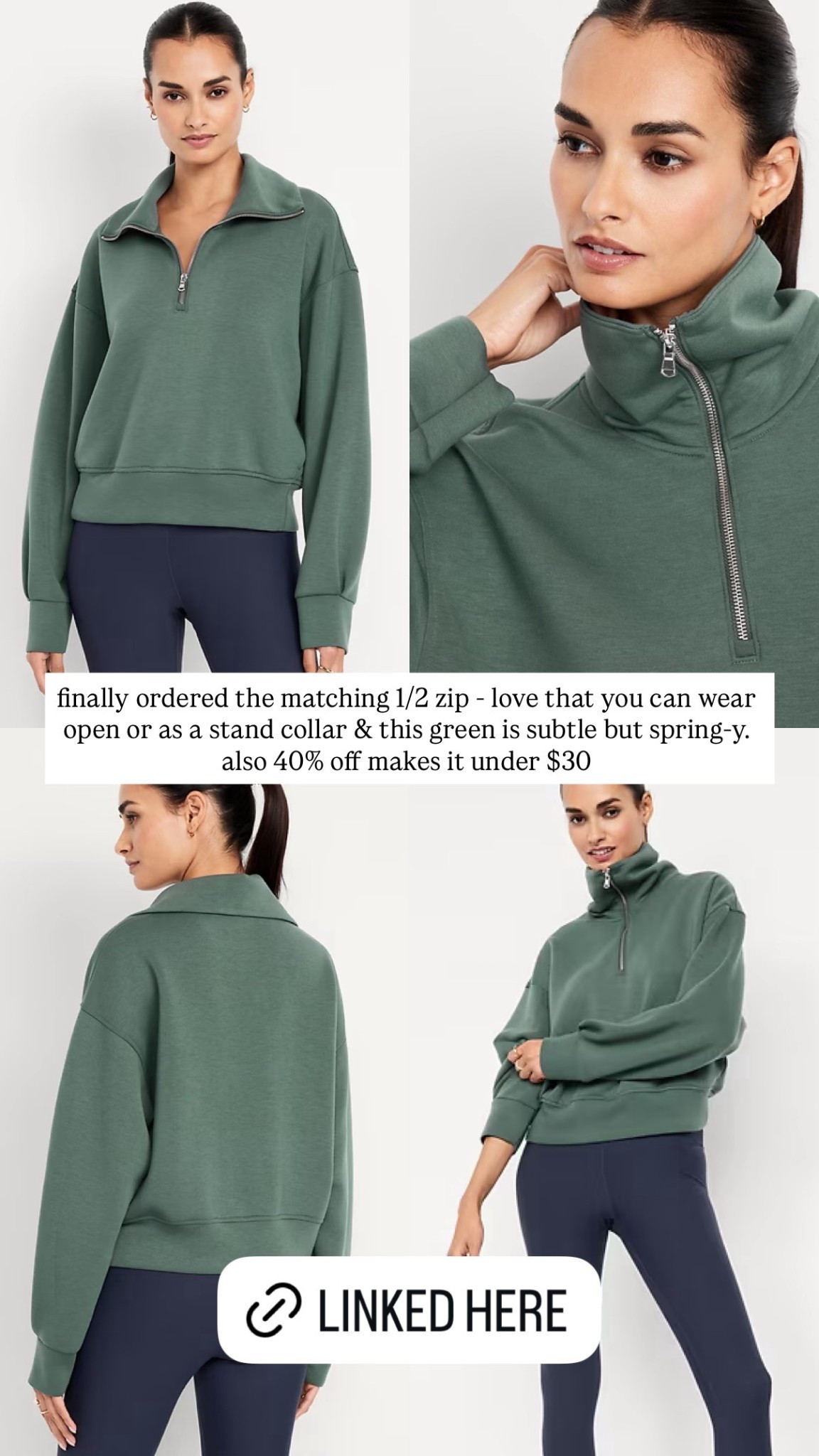 finally ordered the matching 1/2 zip - love that you can wear open or as a stand collar & this green is subtle but spring-y. also 40% off makes it under $30

#LTKootd #LTKmomlife #LTKSaleAlert