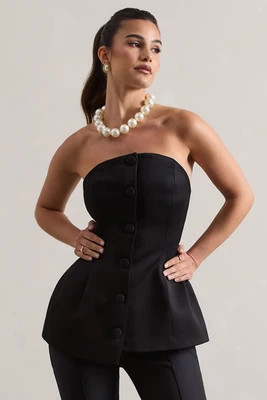 Century | Black Satin Strapless Button Front Corset Top | Club L London