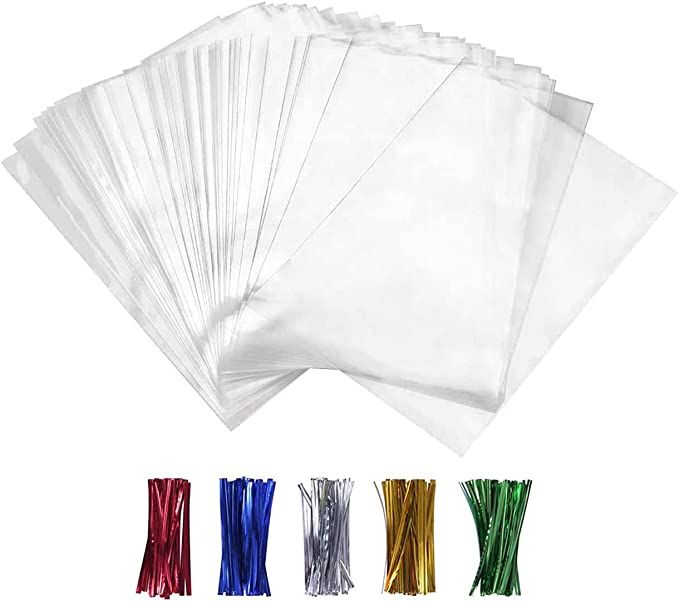 100PCS Cellophane Bags Clear Plastic Cello Bags 4x6 with 4" Twist Ties 5 Mix Colors - 1.4 mils Th... | Amazon (US)