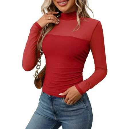 Women'S Sexy- Mock Turtle Neck Long Sleeve Tops Sheer Mesh Ruched Trendy Going Out Shirts Blouse Red M | Walmart (US)