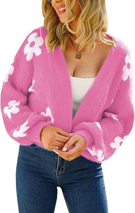 ECOWISH Women's Cardigan Sweaters - Floral Knit Open Front Crop Cardigans Long Sleeve Sweater Out... | Amazon (US)