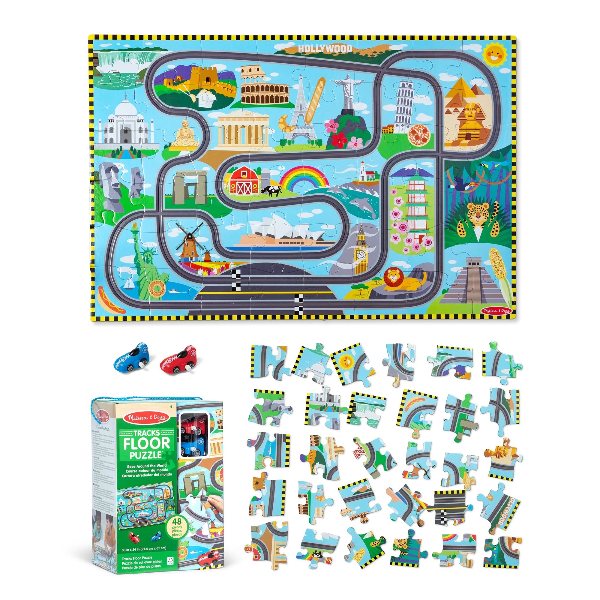 Melissa & Doug Race Around the World Tracks Cardboard Jigsaw Floor Puzzle and Wind-Up Vehicles ... | Walmart (US)